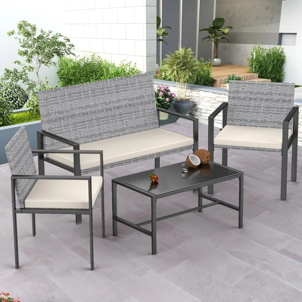 Ensemble de meubles de jardin, 4 pièces de mobilier d'extérieur dont 2 chaises en rotin et 1 causeuse, 1 table en verre trempé avec coussins