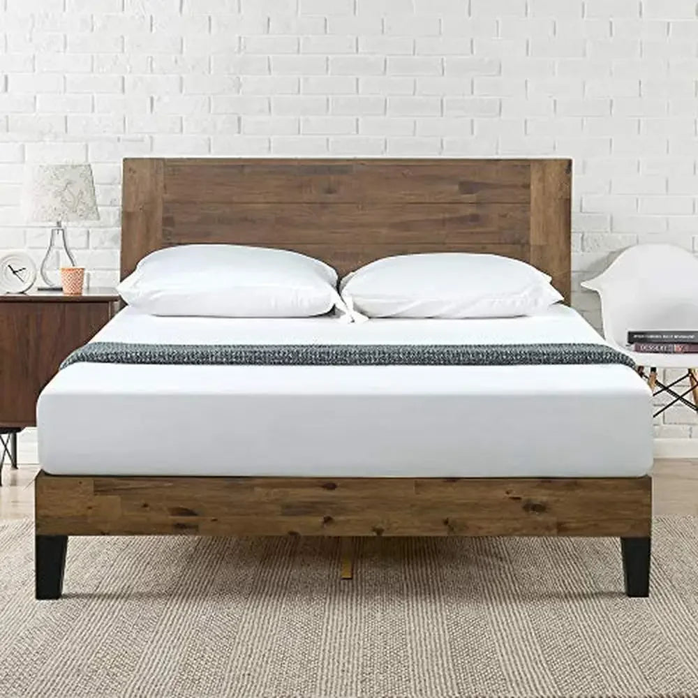 Marco de cama Queen de madera simple, construcción robusta, color marrón, fácil montaje, soporte de acero resistente, estilo universal