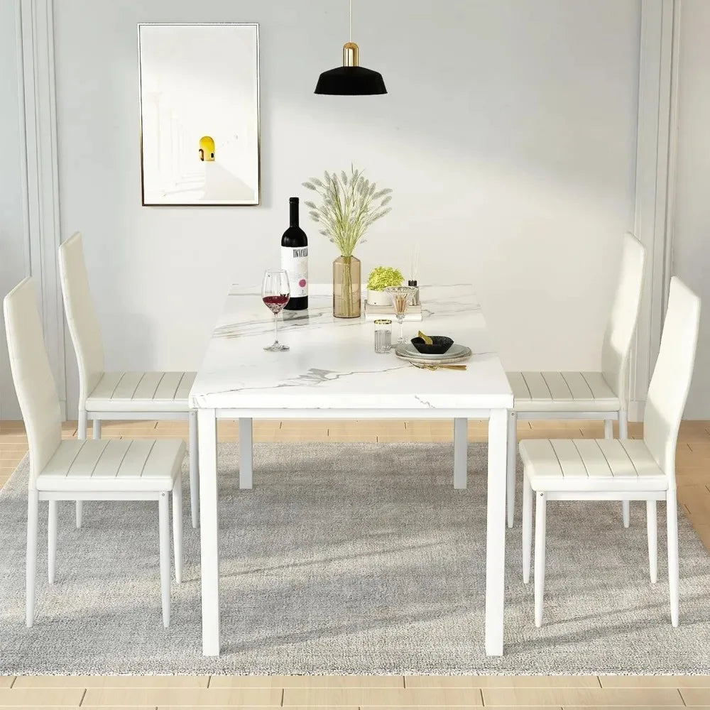 Marble kitchen table and chairs for 4 people, comfortable PU leather chairs, small space dining table, breakfast corner