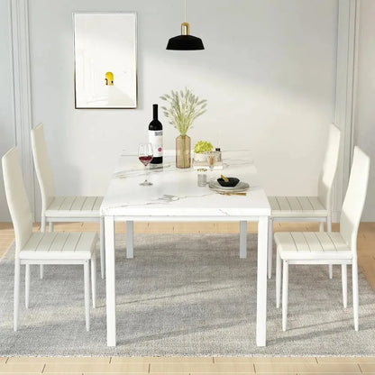 Marble kitchen table and chairs for 4 people, comfortable PU leather chairs, small space dining table, breakfast corner