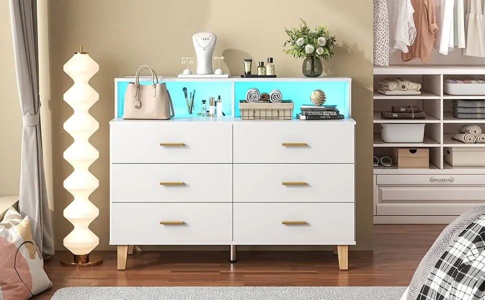 6 Drawer Dresser for Bedroom, Chest of Drawers with LED Light and Power Outlet, Tall Wide Dresser for Organizer Cabinet Bedroom