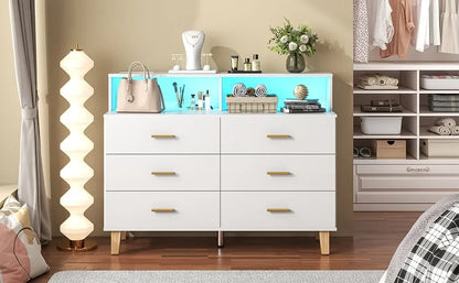 6 Drawer Dresser for Bedroom, Chest of Drawers with LED Light and Power Outlet, Tall Wide Dresser for Organizer Cabinet Bedroom