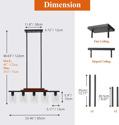 Suspensions pour îlots de cuisine à 5 lumières, lustres avec abat-jour en verre transparent, tiges réglables en bois rustique