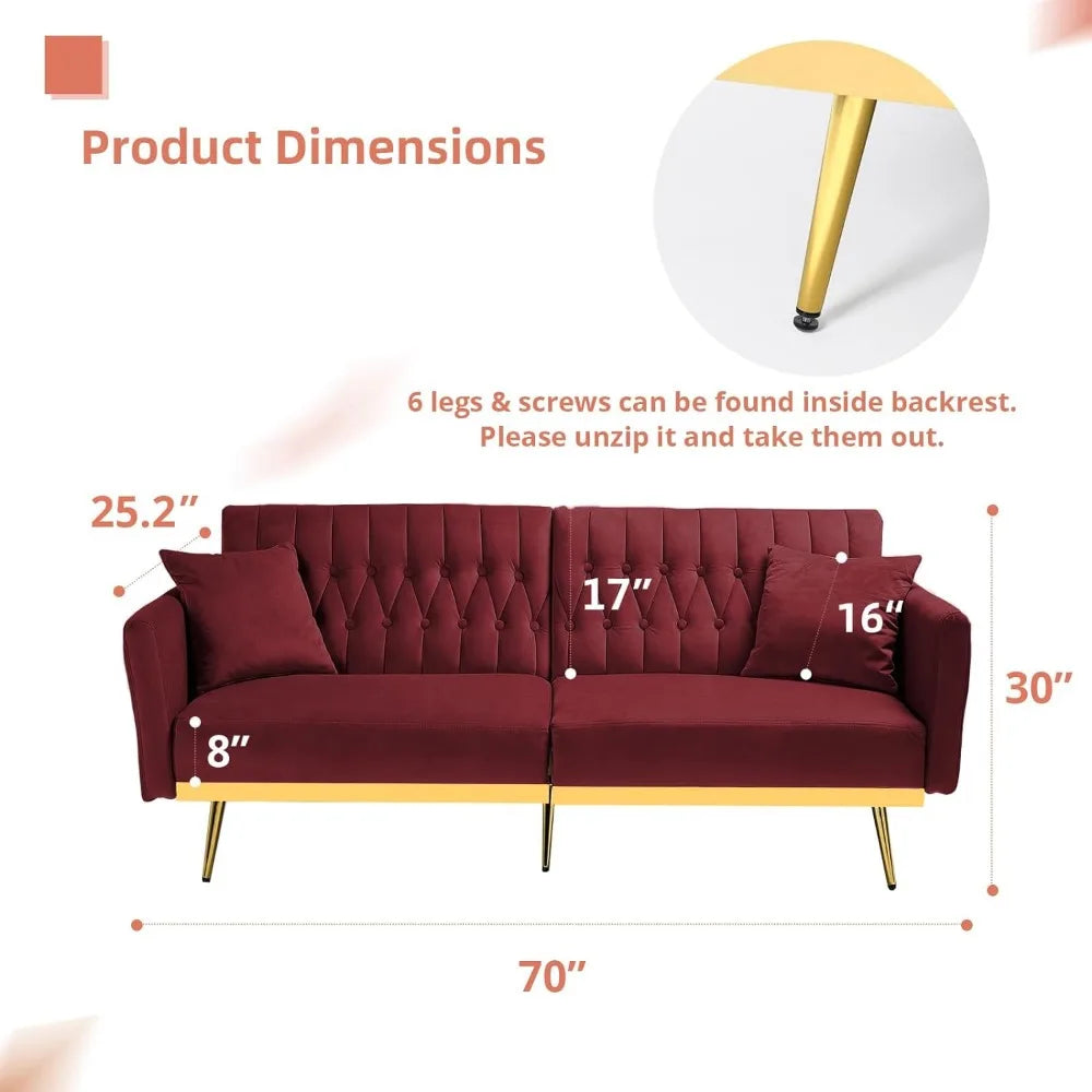 70in Velvet Futon Sofa Bed W/Adjustable Backrests and Armrests, Convertible Futon Couch with Two Pillows, Tufted Sleeper Bed