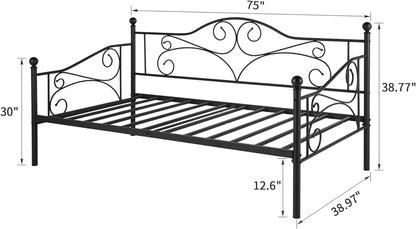 Daybed Metal Bed Frame Twin Size Steel Slat Support/Strong Legs Headboard/Mattress Foundation, Multi-Functional Furniture