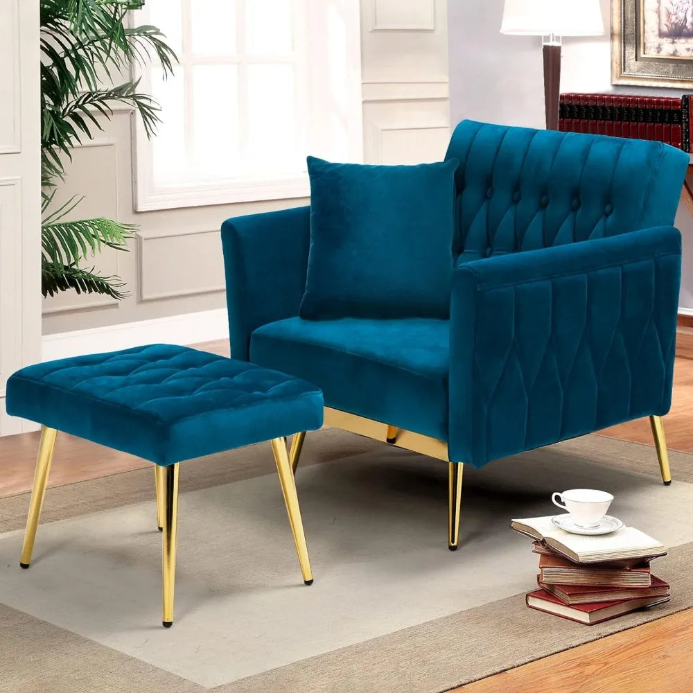 Fauteuil d'appoint en velours avec accoudoirs et dossier réglables, fauteuil de salon capitonné, fauteuil inclinable simple avec pouf et oreiller