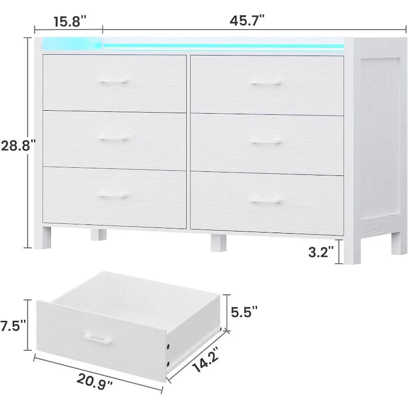 Commode pour chambre à coucher, commode double à 6 tiroirs avec lumières LED, commode en bois, commode de rangement moderne pour chambre à coucher, noire