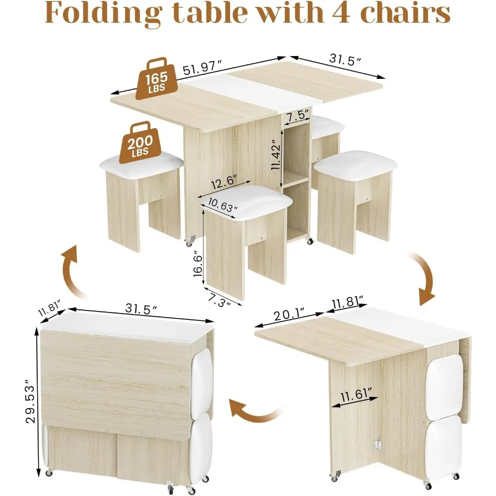 Table à manger, ensemble de table à manger pliante pour 4 personnes avec 4 chaises en cuir, table à manger pliable peu encombrante avec 6 roulettes