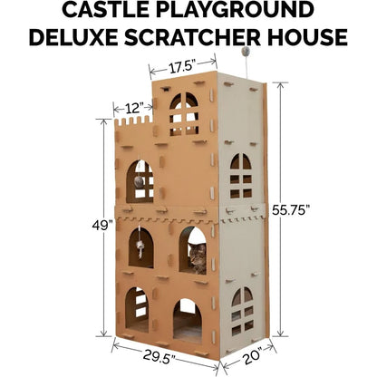 Maison pour chat en carton à plusieurs niveaux avec herbe à chat pour chats d'intérieur, griffoirs et jouets - High Castle Tower Corrugated