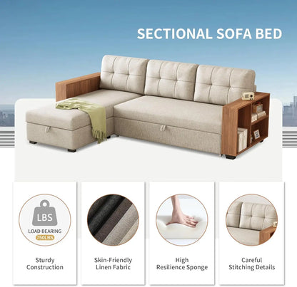 Pull Out Couch with Storage Chaise and Armrests,Convertible Sectional Sleeper Sofa Bed W/Removable Back Cushions