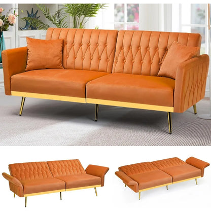 70in Velvet Futon Sofa Bed W/Adjustable Backrests and Armrests, Convertible Futon Couch with Two Pillows, Tufted Sleeper Bed