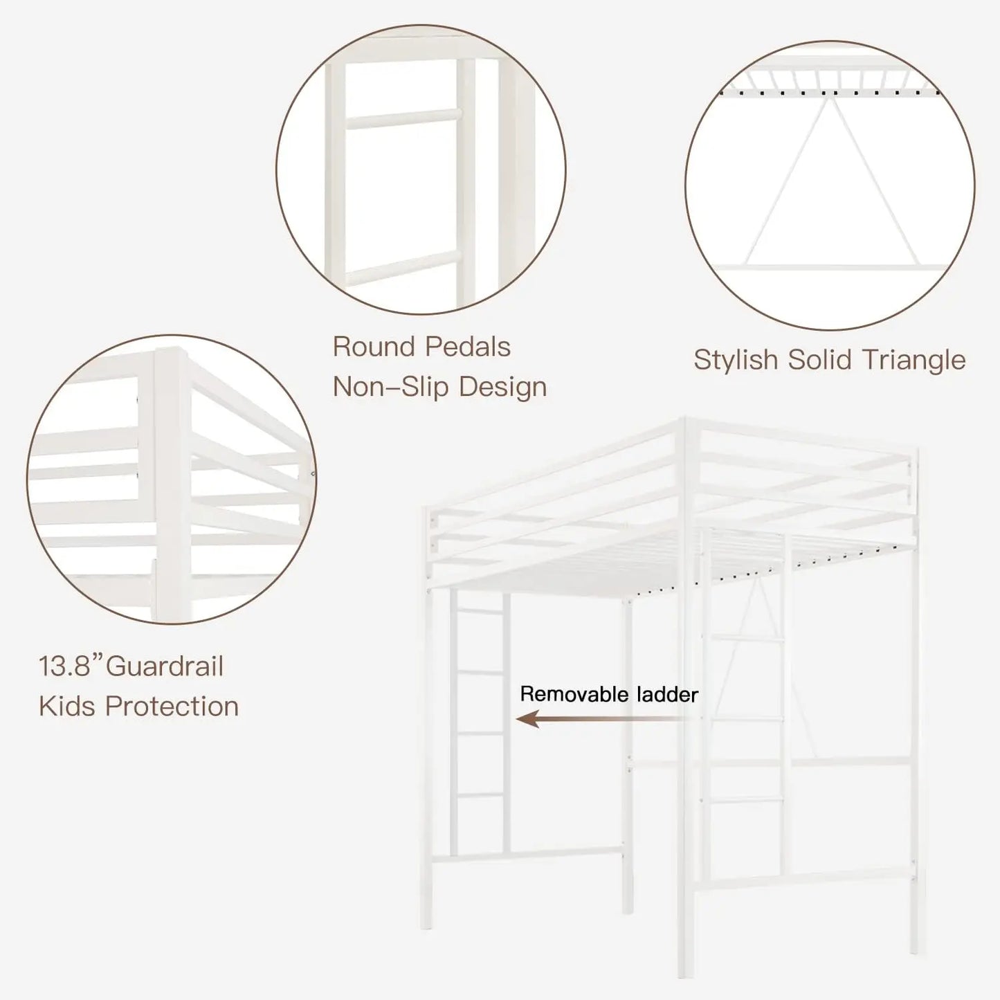 Lit mezzanine double, lit double multifonctionnel en métal avec protection de sécurité et échelle amovible, cadre de lit peu encombrant pour petite chambre