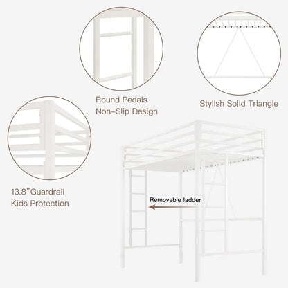 Lit mezzanine double, lit double multifonctionnel en métal avec protection de sécurité et échelle amovible, cadre de lit peu encombrant pour petite chambre