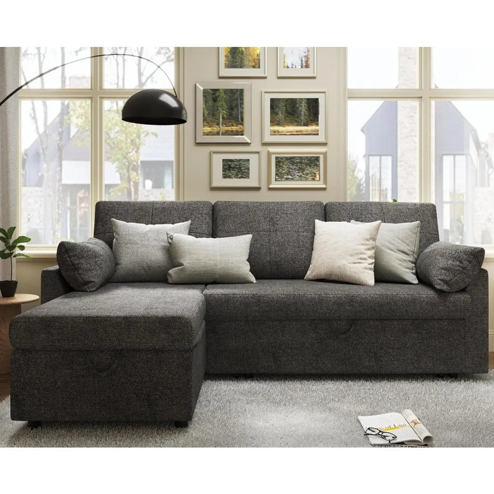 Sleeper Sofa Sofa Bed- 2 in 1 Pull Out Couch Bed with Storage Chaise for Living Room, Sofa Sleeper with Pull Out Bed, Grey Linen