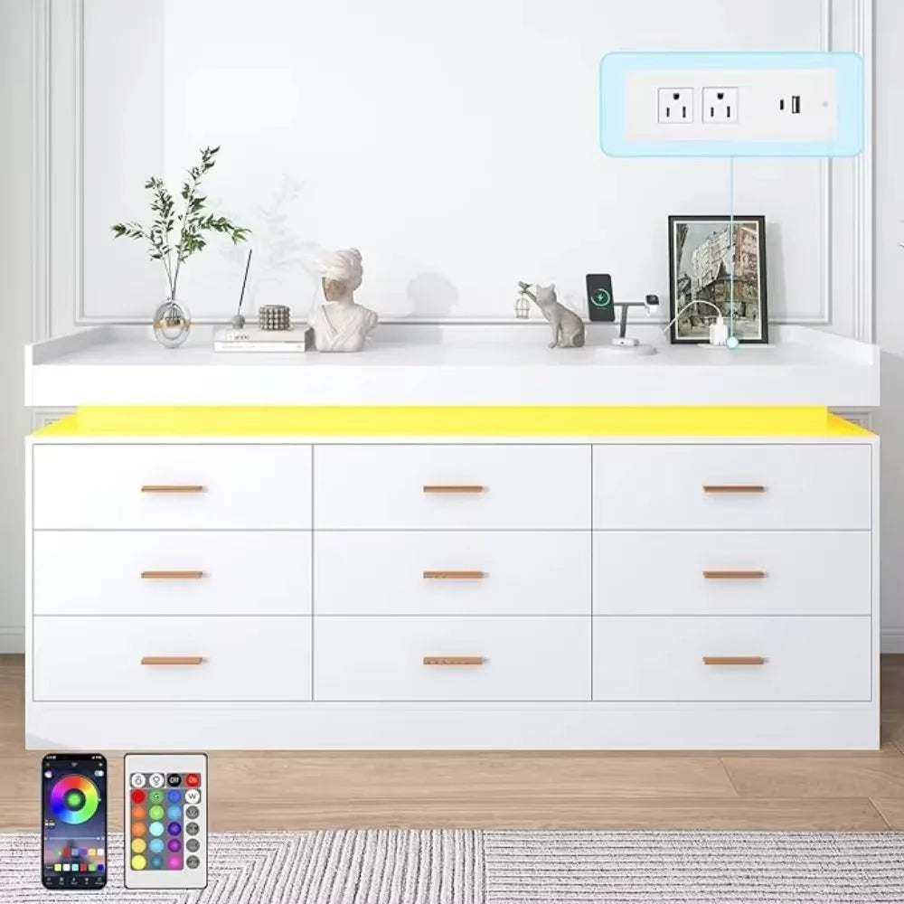 Bedroom Dresser, Drawer Dresser with LED Lights, Modern Chest of Drawers with Power Outlet, Organizer Cabinet for Bedroom, White