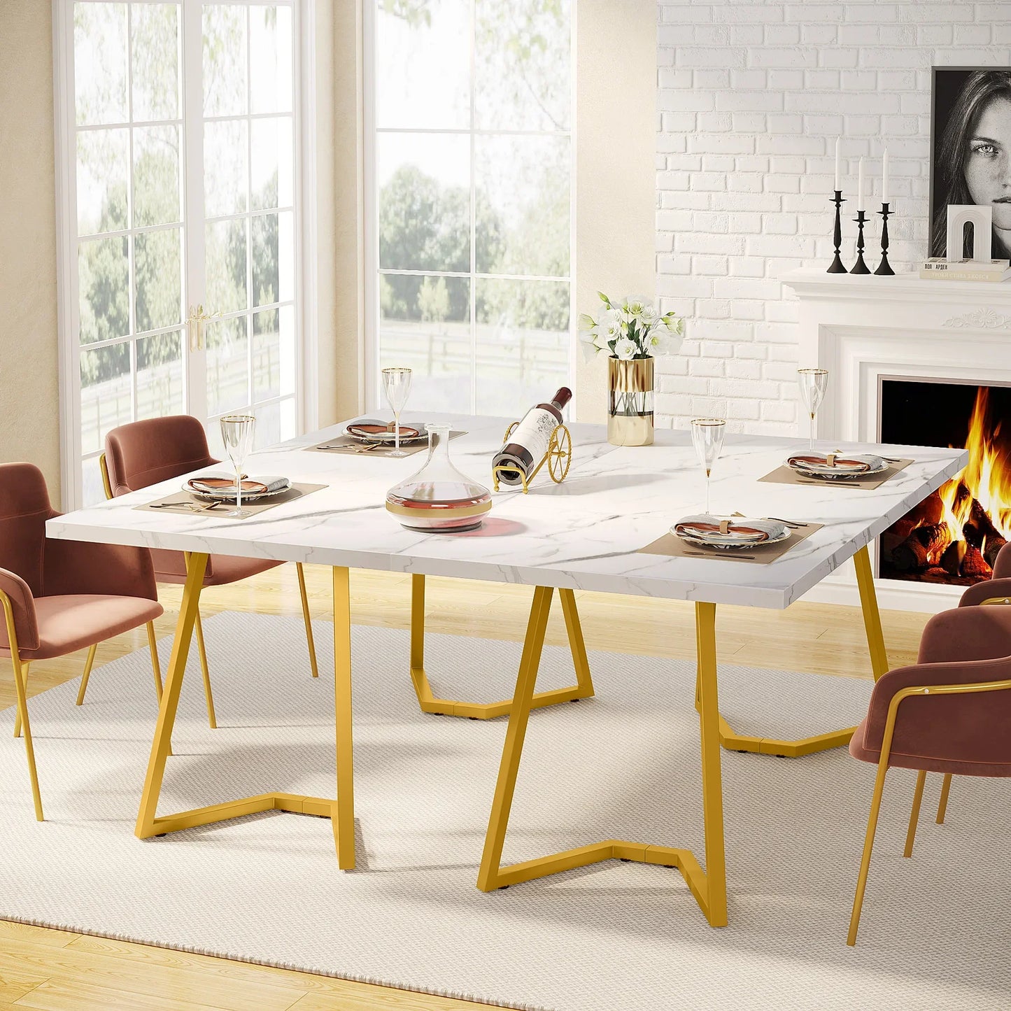 Tribesigns Gold Dining Dinner Table: 55 Inches Modern White Dining Room Table with Golden Legs, Faux Marble Kitchen Table for 6