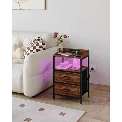 Ensemble de 2 tables de chevet avec lumières LED et station de charge, table de chevet, 2 tiroirs de rangement en tissu, ports USB, prises de courant, marron