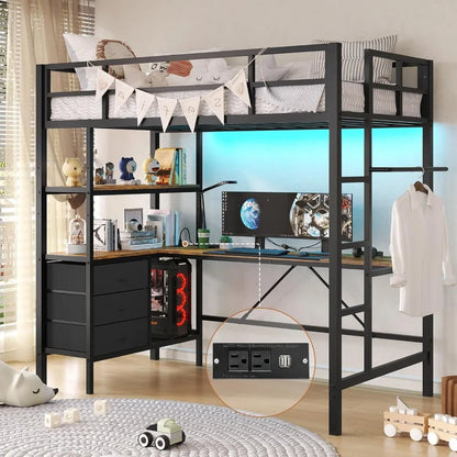 Loft Bed with L-shaped Desk LED Lights,Charging Station LED Loft Bed Frame Twin Size with 3 Storage Shelves and 3 Fabric Drawers