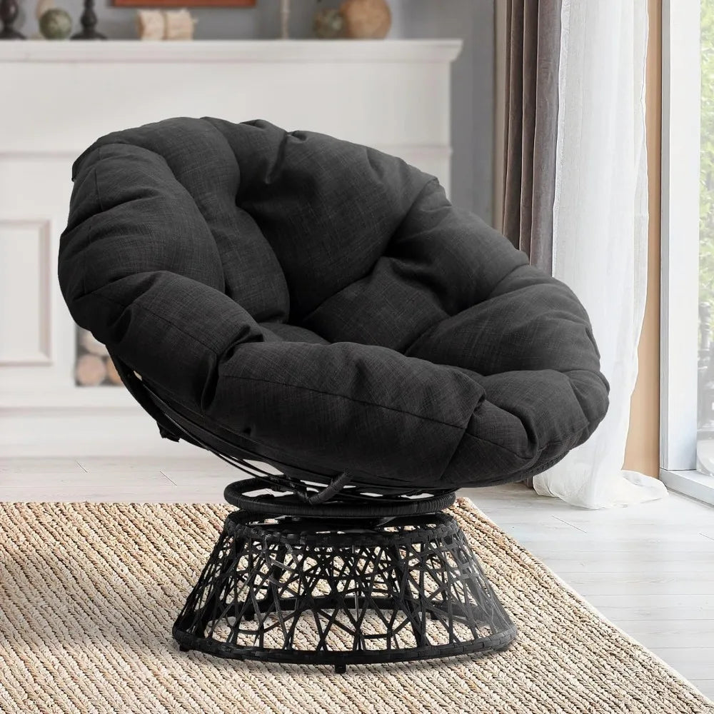 Ergonomic Wicker Papasan Chair with Soft Thick Density Fabric Cushion, High Capacity Steel Frame, 360 Degree Swivel for Living,