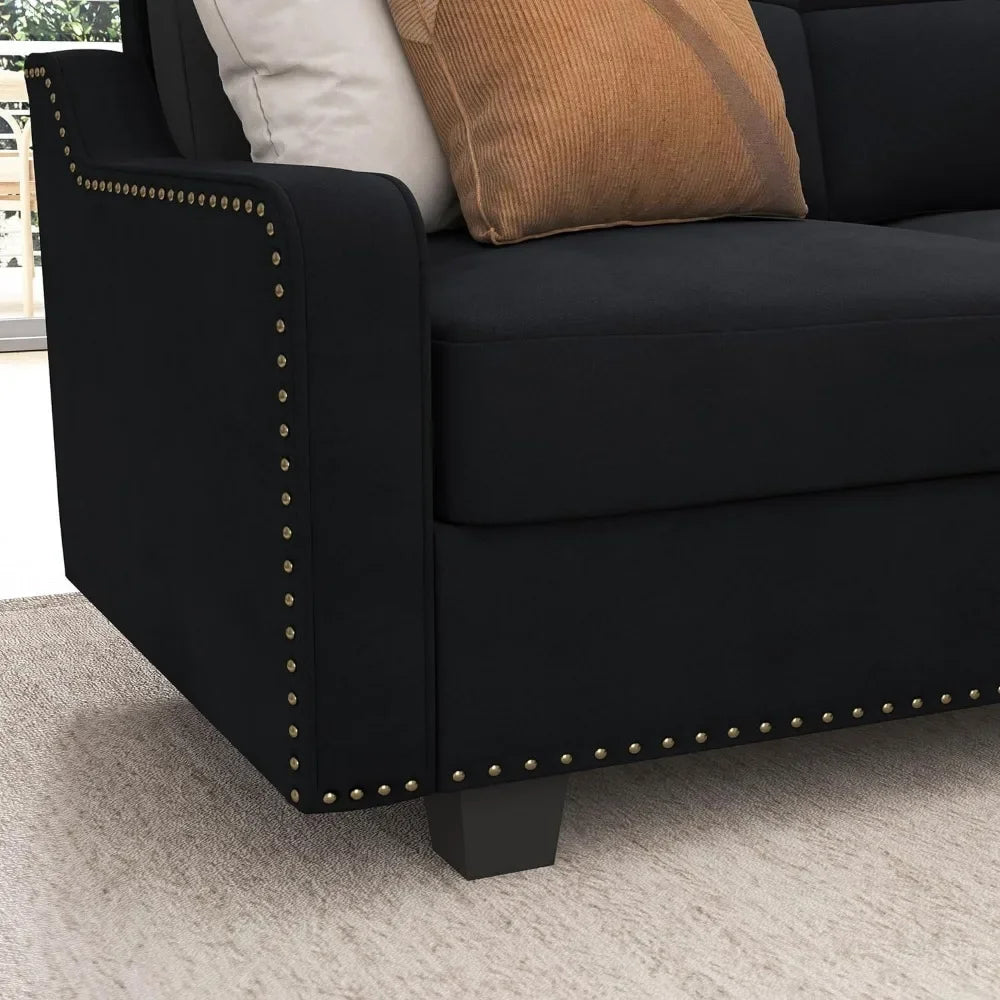 Convertible Sectional Sofa Velvet L Shaped Couch Reversible 4 Seat Corner Sofas for Small Apartment,Velvet Black Sofa