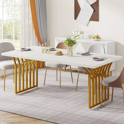 Mesa de comedor moderna para 4-6 personas, mesa de cocina rectangular de 63 pulgadas con marco de metal dorado, mesa de comedor de madera, blanca y dorada