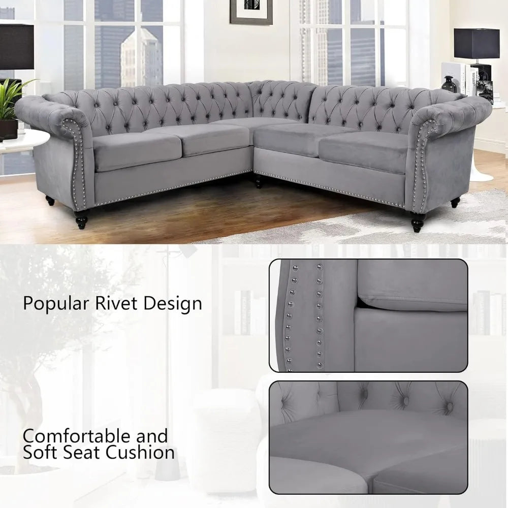 L-Shaped Sofa, Sectional Chesterfield Couch 5-Seater Velvet Upholstered Tufted Sofa with Rolled Armrest for Living Room