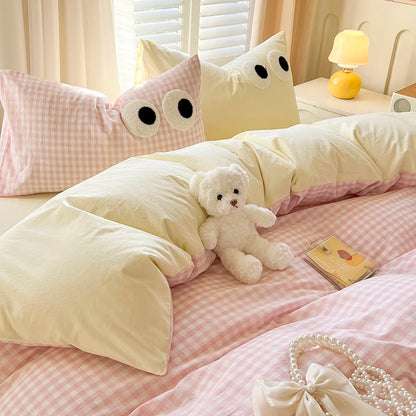 Cute Korean Big Eyes Duvet Cover Set with Sheet Pillowcase No Filler Kids Girls Pink Plaid Home Bedding Washed Cotton Bed Linen