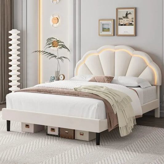 Bed Frame with Adjustable Elegant Flower Headboard, Wooden Slatted Support, Full Size Platform Bed Frame