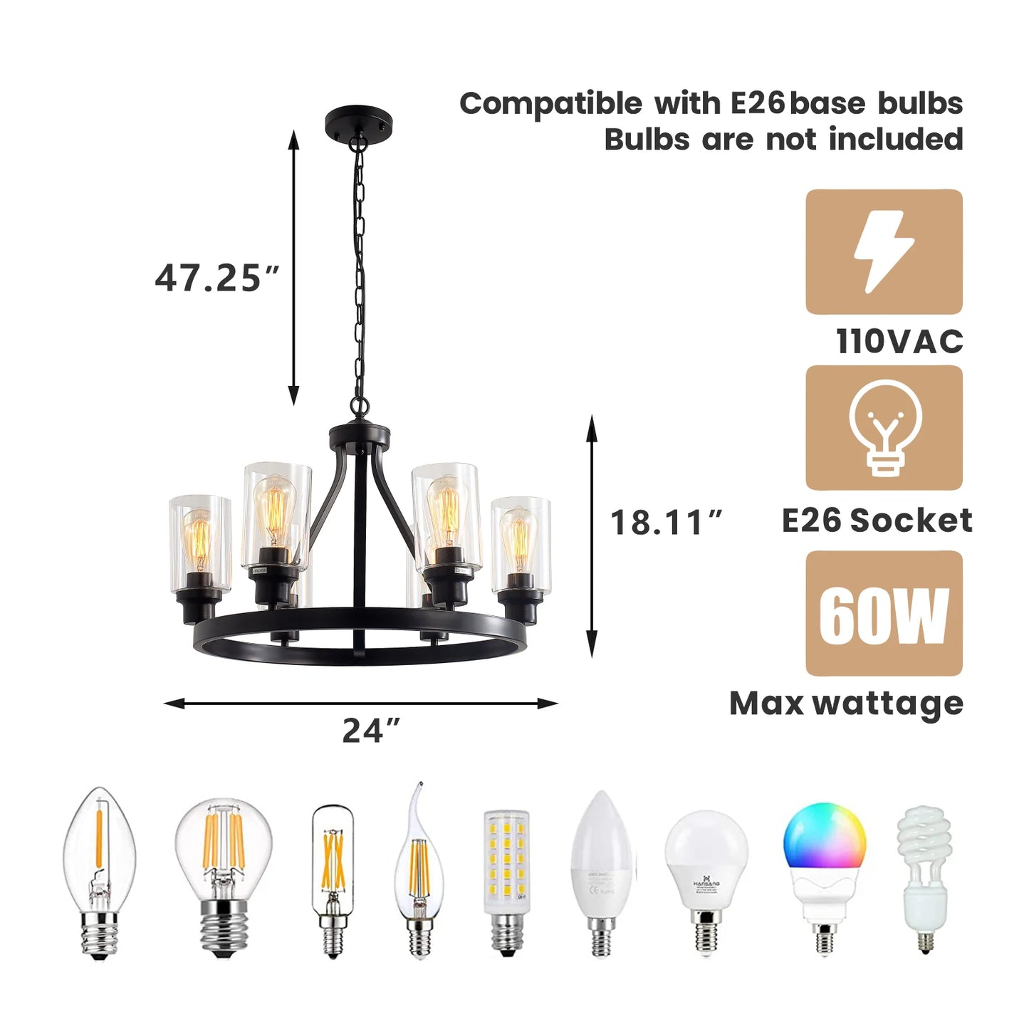 Lustre rustique à 6 lumières en forme de roue de chariot pour salle à manger, luminaire suspendu en métal noir pour ferme, lampe de décoration pour la maison