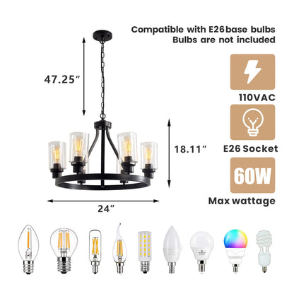 Lustre rustique à 6 lumières en forme de roue de chariot pour salle à manger, luminaire suspendu en métal noir pour ferme, lampe de décoration pour la maison