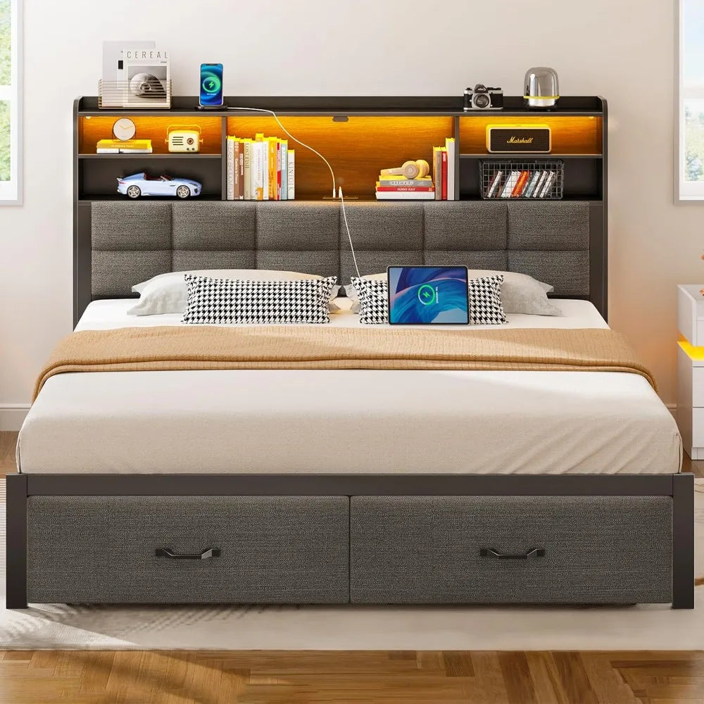 Bed Frame Full Size with Drawers and Charging Station, Upholstered Platform Bed with Storage Headboard and LED Light