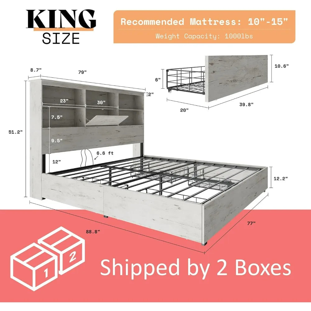 Cadre de lit king size en bois avec tête de lit à LED de 51,2 pouces, 4 tiroirs de rangement et station de charge, têtes de lit