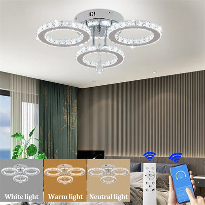 Crystal 5-Ring Fan Light Living Room Ceiling Light Stainless Steel Fixture Fandelier Plafon Fan Lamps Luminaire Led Chandelier