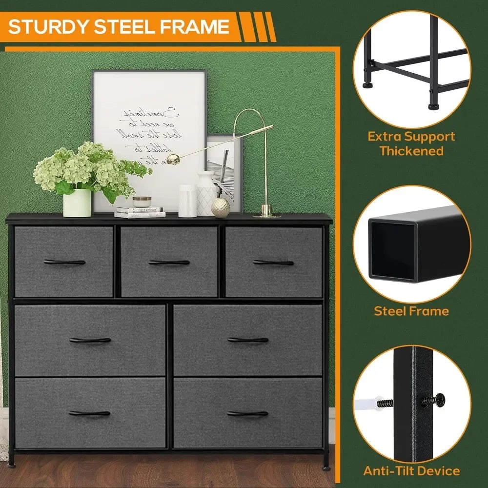 Commode pour chambre à coucher, 7 tiroirs de rangement, larges coffres de rangement en tissu, meuble TV pour téléviseur jusqu'à 45 pouces