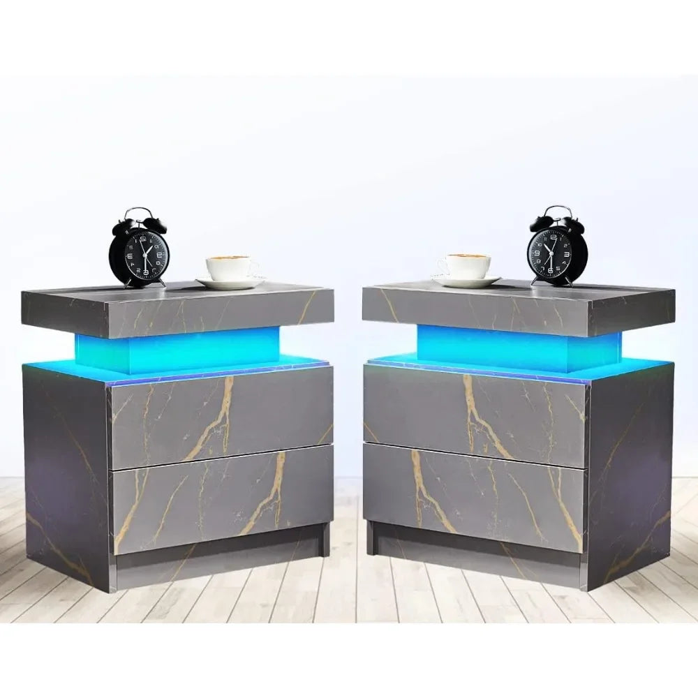 Table de chevet avec éclairage LED Tables de chevet pour les meubles de chambre à coucher Ensemble de 2 tables de chevet génériques à LED avec 2 tiroirs