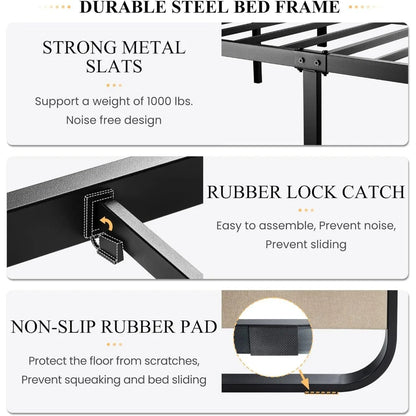 Full Size Platform Metal Bed Frame with Curved Upholstered Headboard and Footboard, Large Under Bed Storage Beds