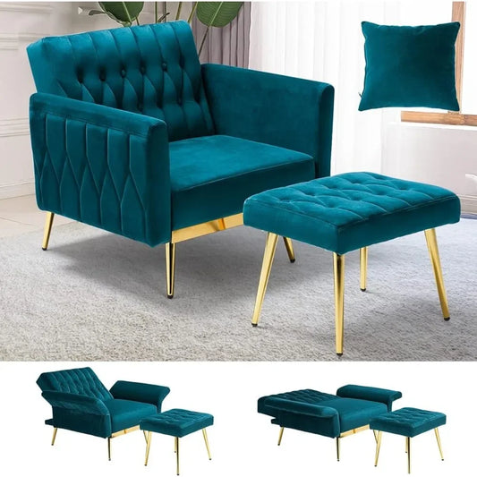 Fauteuil d'appoint en velours avec accoudoirs et dossier réglables, fauteuil inclinable simple avec pouf et oreiller pour le salon