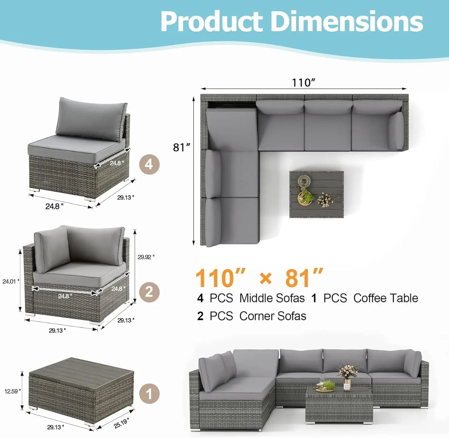 7/8/15pc High Back Outdoor Furniture Set,PE Rattan Sectional Sofa,Wicker Patio Conversation Set w/Cushion & Glass/Fire Pit Table