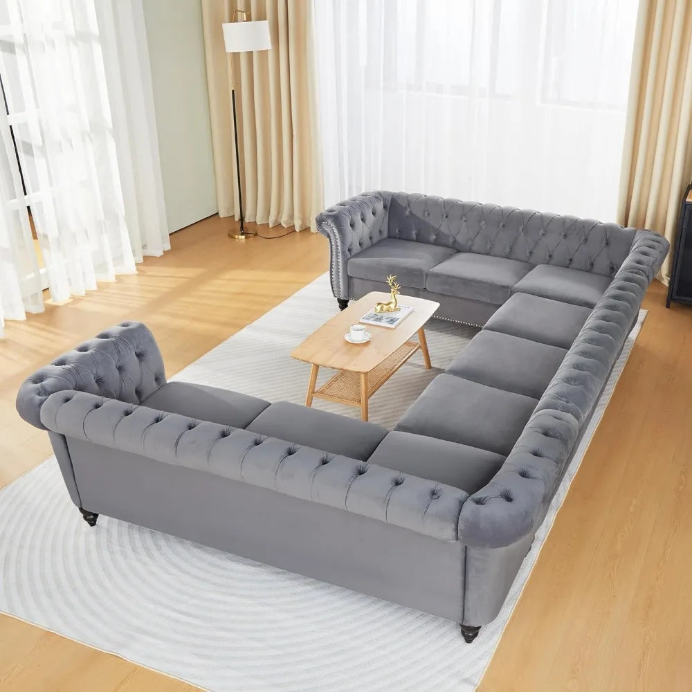 L-Shaped Sofa, Sectional Chesterfield Couch 5-Seater Velvet Upholstered Tufted Sofa with Rolled Armrest for Living Room