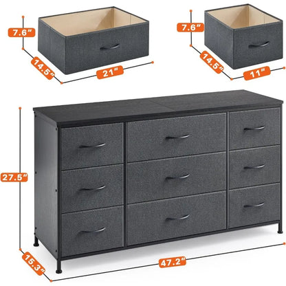 Commode TV avec tiroirs, centre de divertissement avec 9 tiroirs, table console multimédia pour console TV 60 '' pour chambre à coucher, robuste