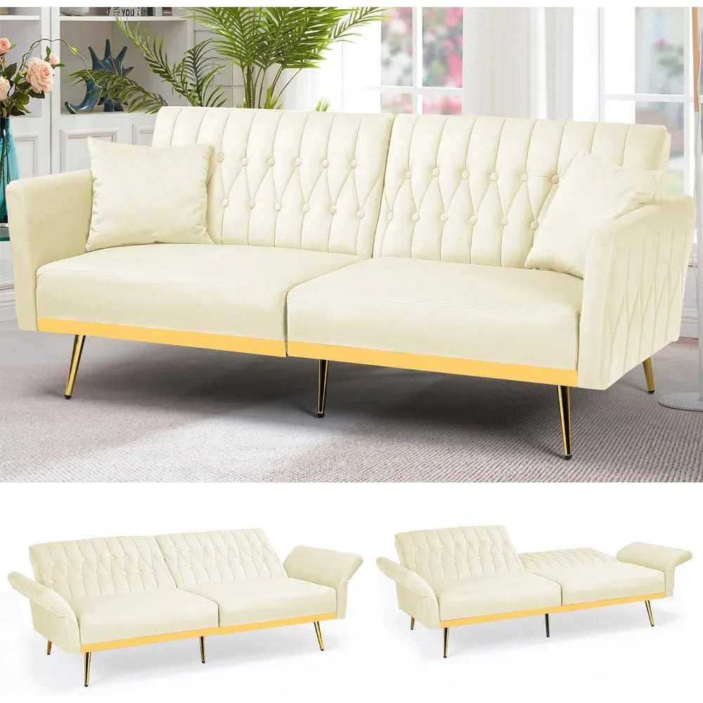 70in Velvet Futon Sofa Bed W/Adjustable Backrests and Armrests, Convertible Futon Couch with Two Pillows, Tufted Sleeper Bed