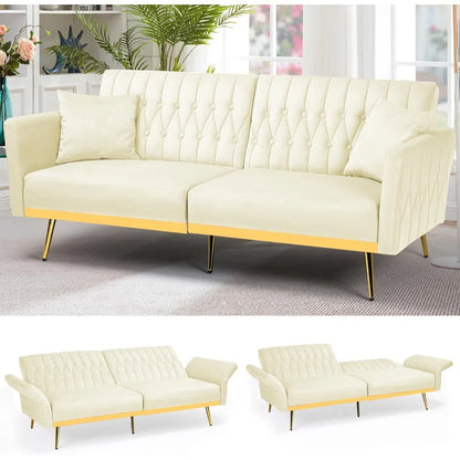 Canapé-lit futon en velours de 70 po avec dossiers et accoudoirs réglables, canapé-lit futon convertible avec deux oreillers, lit-lit capitonné