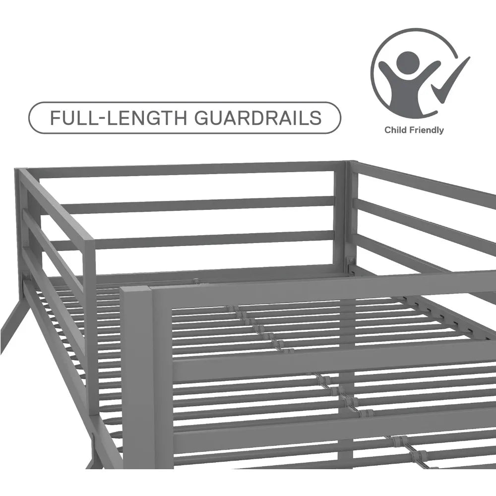 Litera Estructura de metal resistente con listones y barandillas laterales Barandillas de seguridad en la litera superior Fácil de ensamblar Cama individual/matrimonial Gris