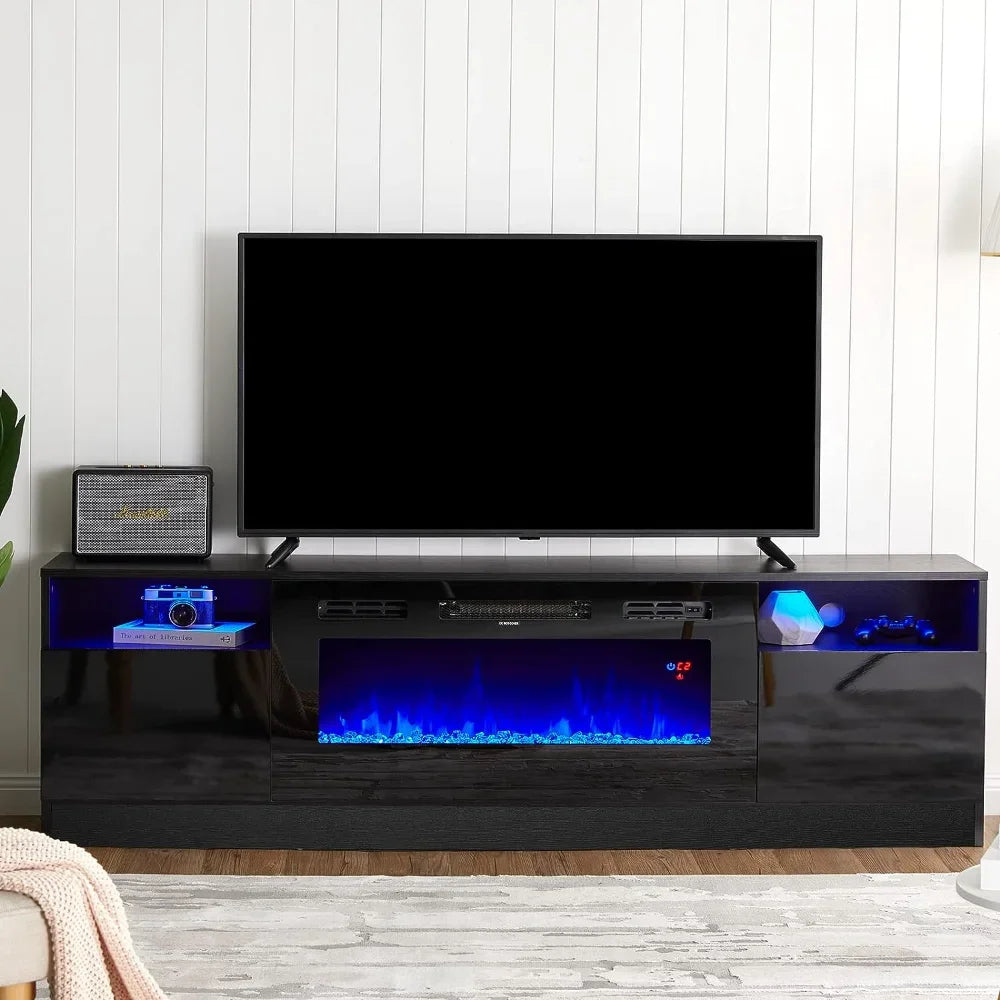 Meuble TV avec foyer électrique de 36 po, centre de divertissement à éclairage LED, support de divertissement à texture de bois moderne