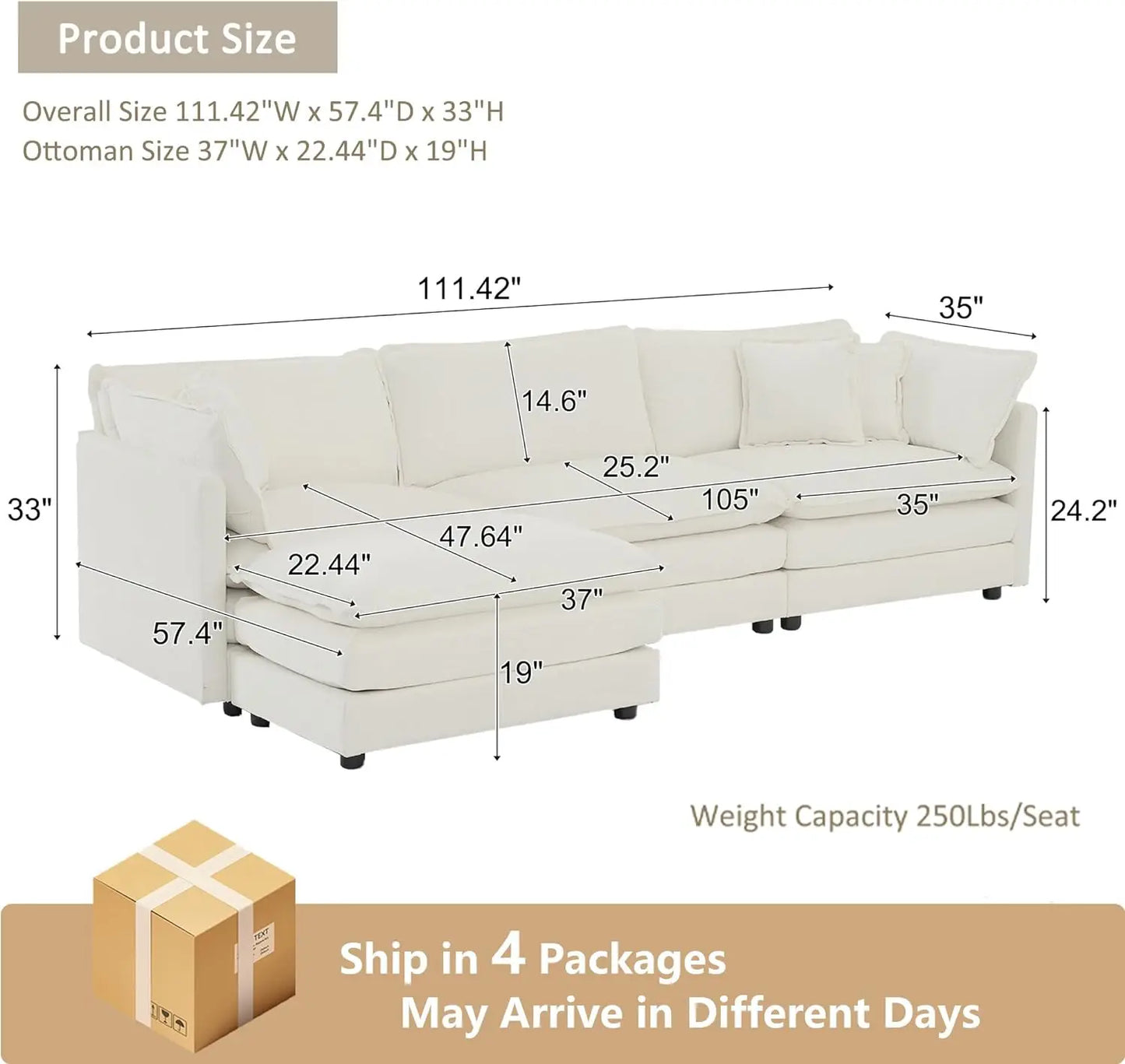 Modular Sectional Sofa, Convertible Modern L Shaped Sofa Chenille Cloud Couches Set with Ottoman for Living Room