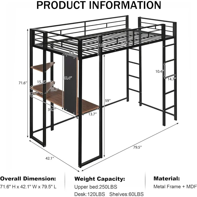 Metal bunk loft bed with 2 bookshelves and 1 desk, loft bed frame with 2 built-in ladders, no noise, no springs required