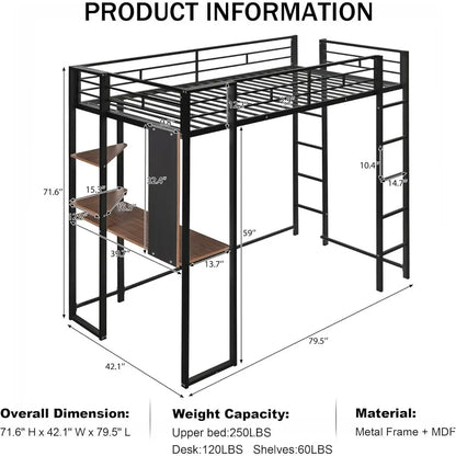 Metal bunk loft bed with 2 bookshelves and 1 desk, loft bed frame with 2 built-in ladders, no noise, no springs required