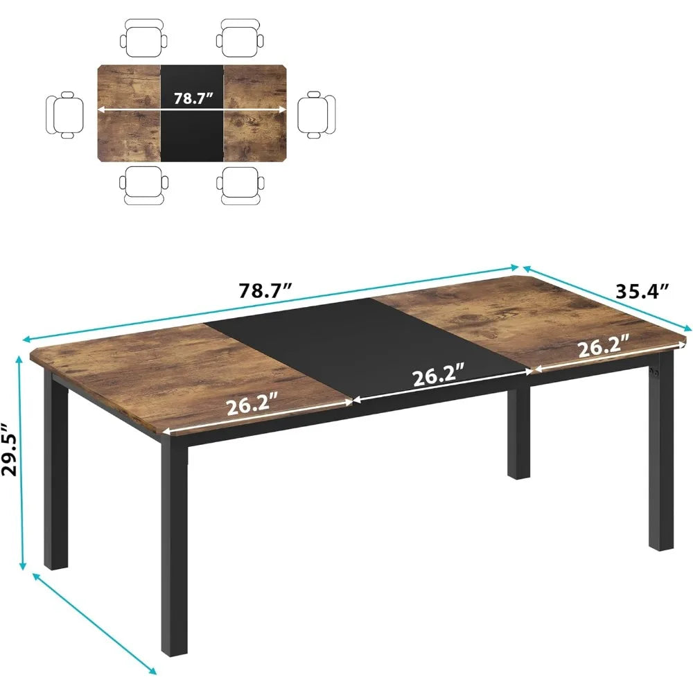 Table de cuisine en bois de 78,7 pouces de long, table à manger rectangulaire industrielle pour 6 à 8 personnes, adaptée pour un dîner ou une réunion