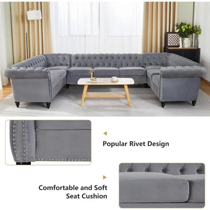 L-Shaped Sofa, Sectional Chesterfield Couch 5-Seater Velvet Upholstered Tufted Sofa with Rolled Armrest for Living Room