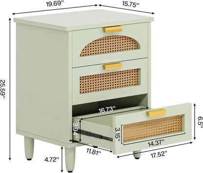 Mesita de noche de ratán, mesita de noche de estilo rústico con 3 cajones, mesita de noche decorativa, mesa auxiliar para dormitorio y sala de estar